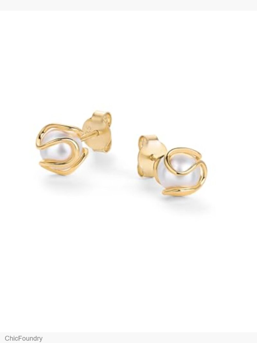 Gold Plated Round Caged Pearl Stud Earrings Freshwater Cultured Hypoallergenic - Picture 3 of 6